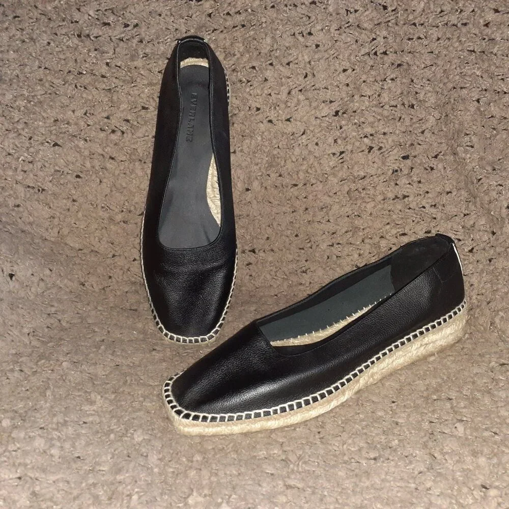 EVERLANE “The Espadrille” Black Leather/Jute Whipstitch & Wedge-Sz 11-NEW/NO BOX